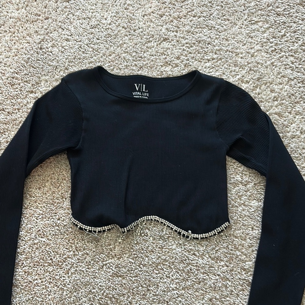 Vital Life Black Long Sleeve Top with Beaded Hem